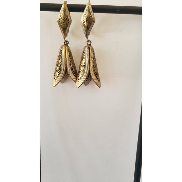 Hand Made Vintage Brass Etched Earrings Designer Earrings Stamped - Picture 5 of 10